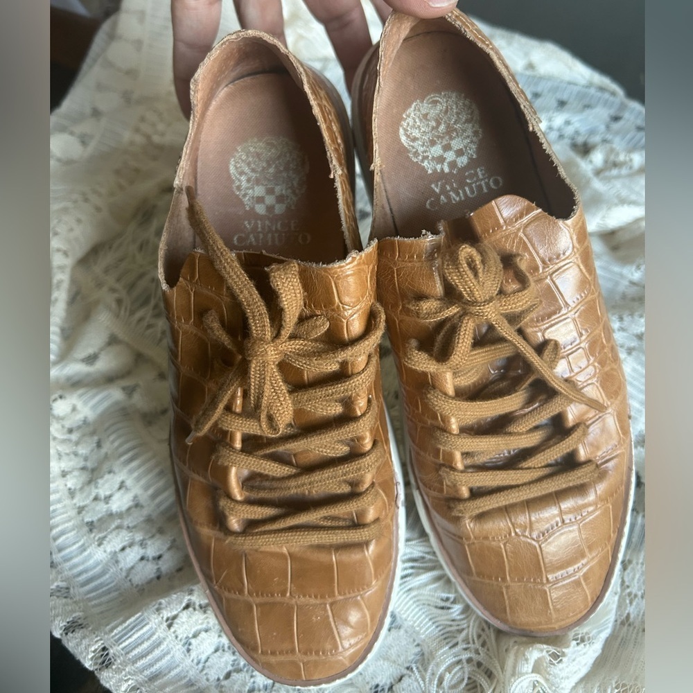 Vince Camuto Croc-Embossed Tan/Brown Leather Lace-Up Sneakers